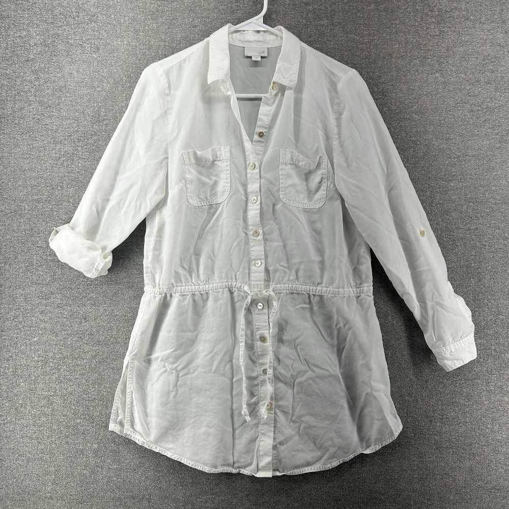 J Jill Roll Tab Sleeve Tunic Top Women Size XS White Drawstring Button Up